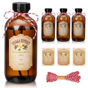 Suclain 3 Pcs 8 oz Vanilla Extract Bottles Amber Boston Round Glass Boston Bottles for Vanilla Extract Homemade and Vanilla Extract Sticker for Syrup Gift Food Storage Canister Set for Sauce Beans