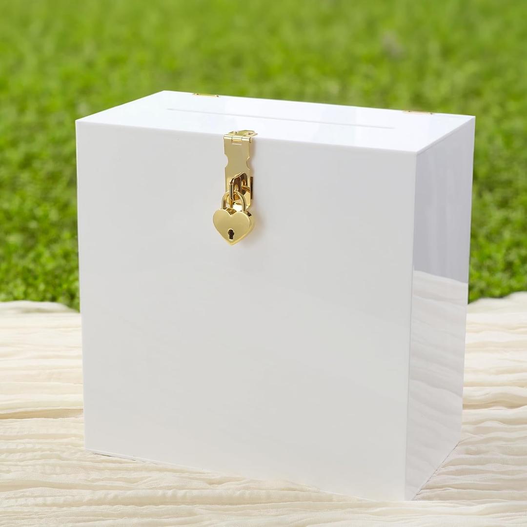 UNIQOOO White & Gold Heart Lock Acrylic Card Box, Modern DIY Wedding & Occasion Box, 10x10x5.5 inches