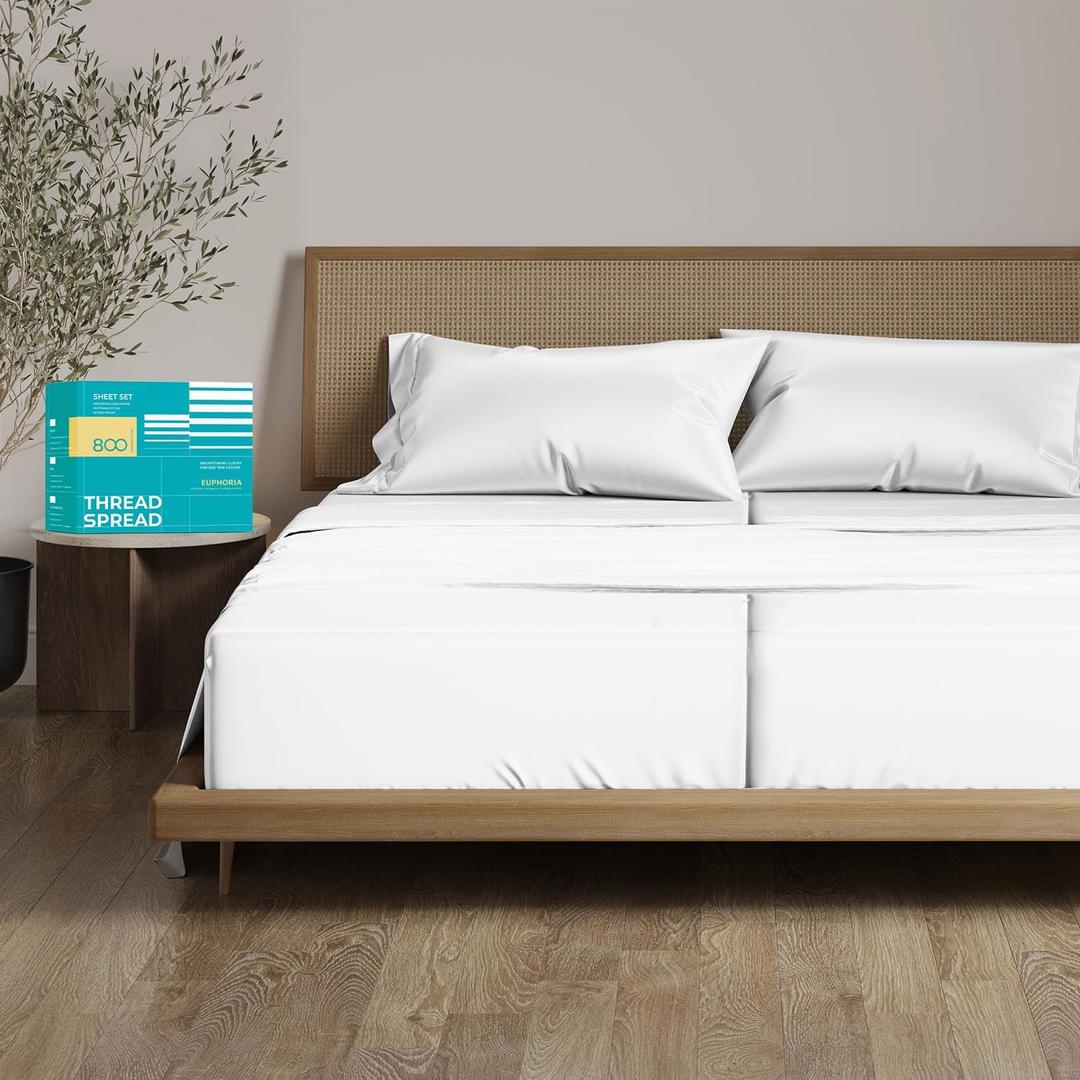 THREAD SPREAD 100% Egyptian Cotton Split King Sheets Sets for Adjustable Bed - 800 Thread Count 5 PC Top Split King Sheet for Sleep Number Bed, Soft Cooling Sheets, Fits Mattress Upto 18 inch - White