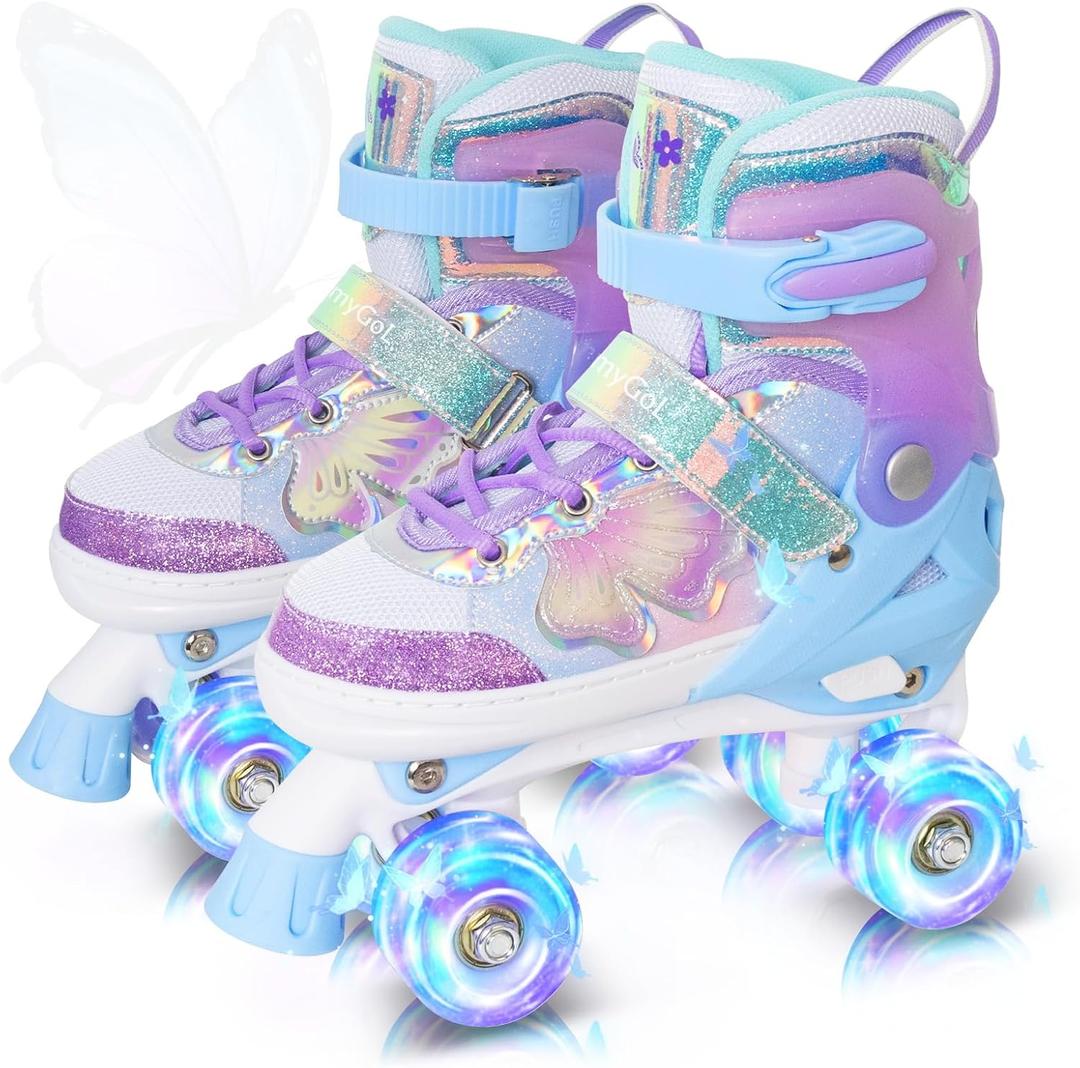 MammyGol Kids Roller Skates for Girls or Boys, Adjustable Roller Skates for Children with Beautiful Butterflies, Beginners Light up Quad Skates Indoor Outdoor (Butterfly-Purple) 10c-13c (S)