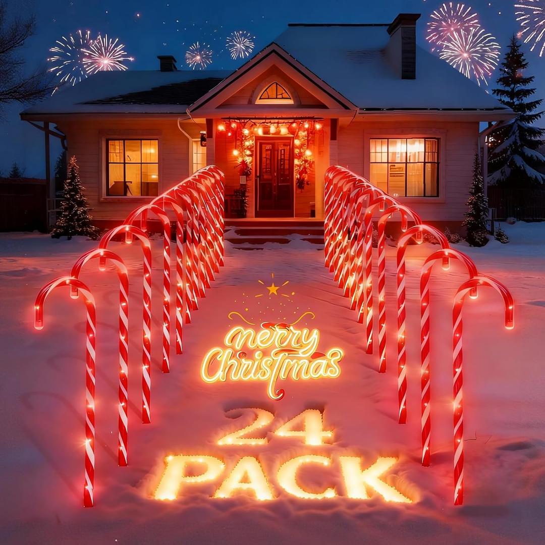 Candy Cane Lights 24 Pack- 168 Red Lights for Outdoor Christmas Decor, Connectable 22 Inch Lawn Pathway Markers for Yard, Patio, Waterproof Walkway Holiday Decorations