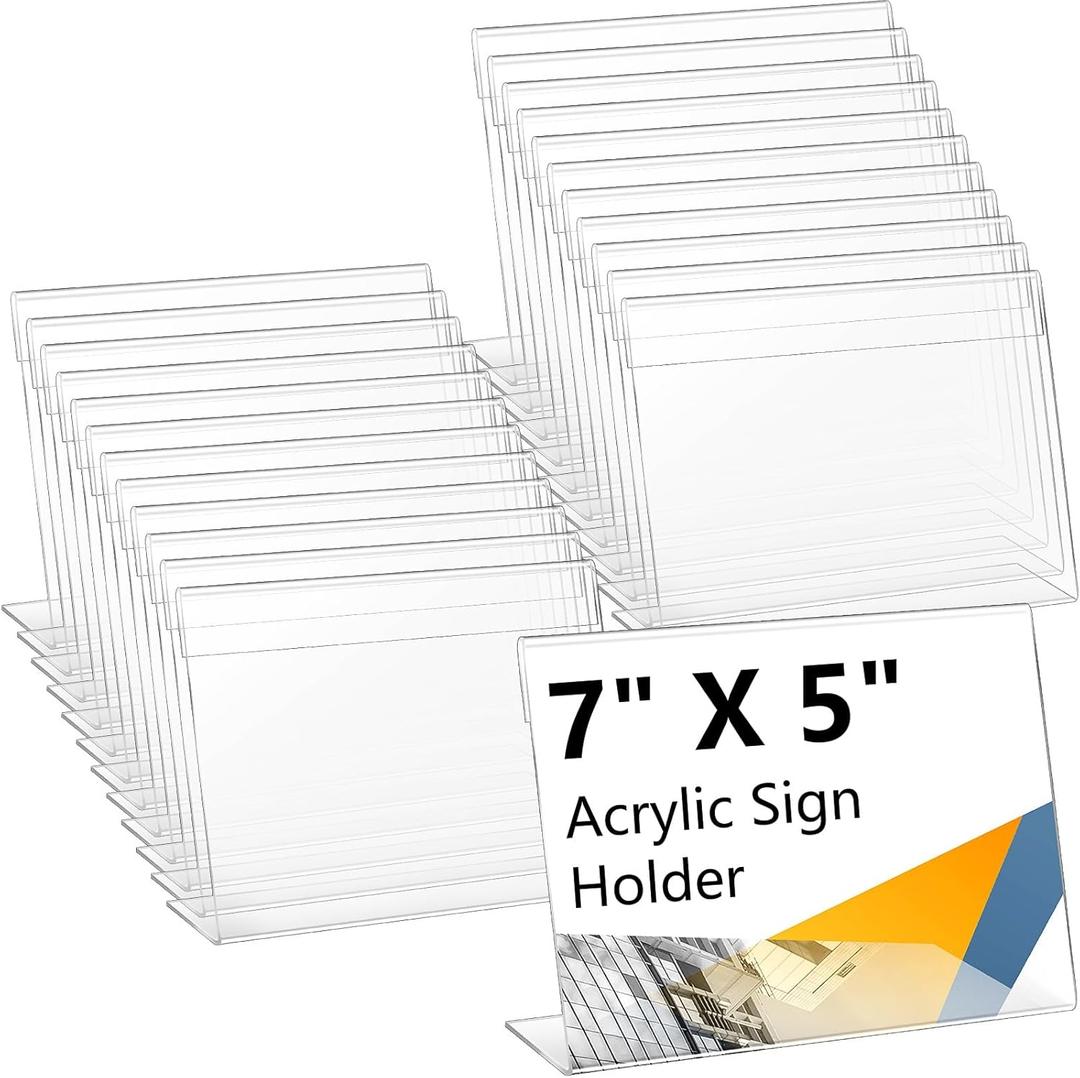Vicenpal 24 Pcs 7x5 Inch Clear Acrylic Sign Holder Plastic L-shape Vertical Menu Stand, Picture Photo Frames, Table Paper Holder, Flyer Sign Display Stand for Restaurants, Store, Office, Wedding