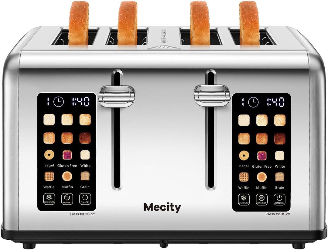 Mecity 4 Slice Toaster with Touch Screen Control, 4 Wide Slots, Stainless Steel Smart Bread Toaster for Bagels, Muffins, Waffles, Dual Control Panel, Timer, Defrost, Reheat, 120V 1650W (One Size)