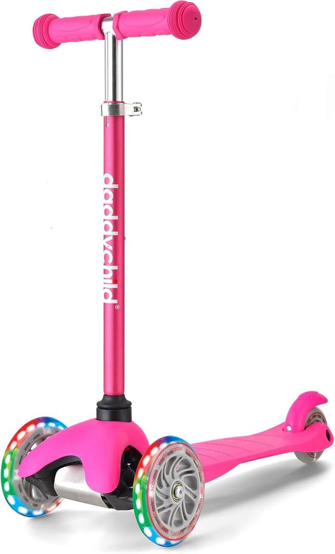 3-Wheel Kick Scooter for Kids Ages 3-8 Lean-to-Steer Toddler Scooter with Extra Wide Light Up Wheels, 4 Adjustable Heights, Foldable Scooters for Boys & Girls, Max Weight 110lbs (Pink)