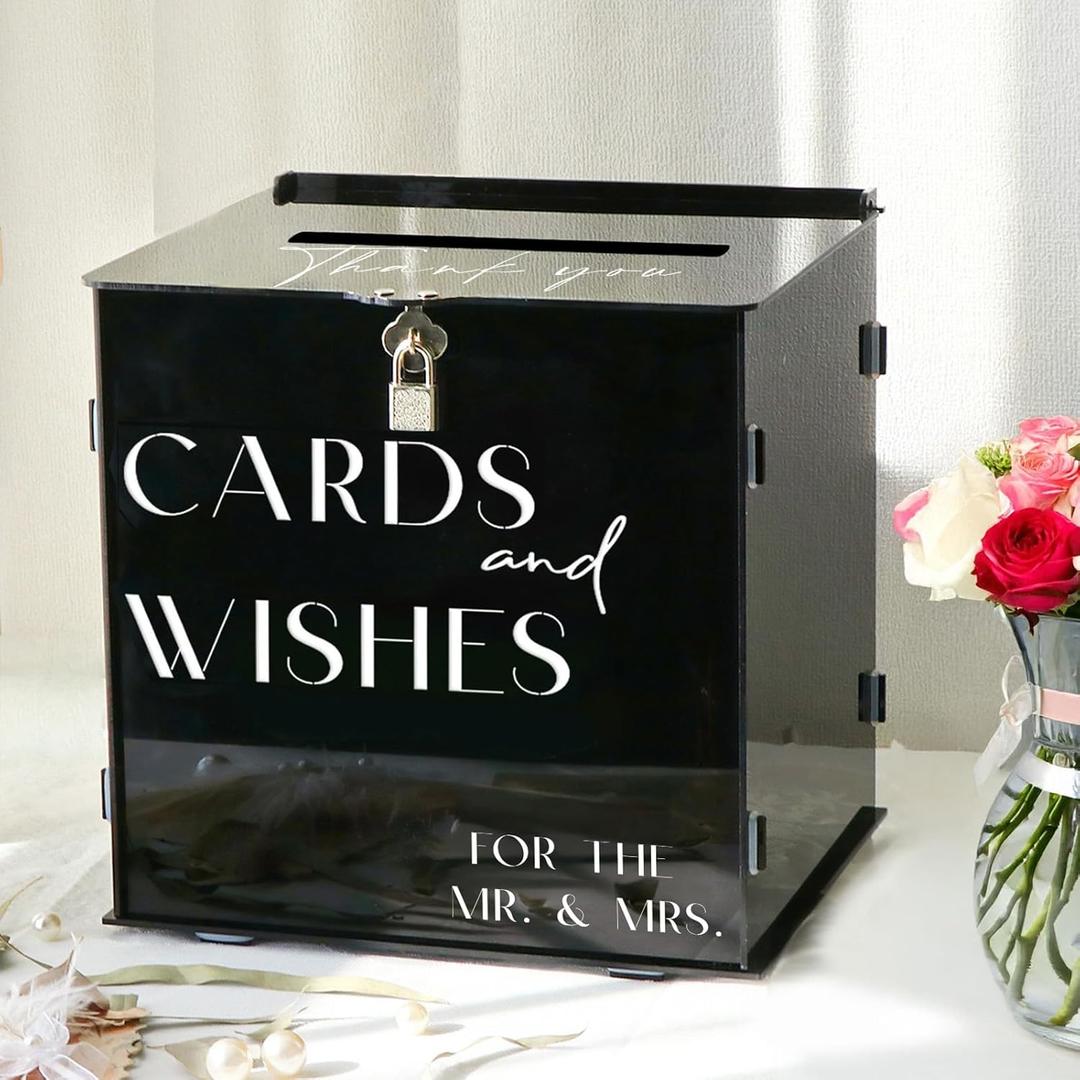 Black Acrylic Card Box with Slot & Lock, Gothic Wedding Card Boxes for Reception, Stylish Money Envelop Gift Cards Box for Party Wedding Engagement Bridal Shower Anniversary Table Decor