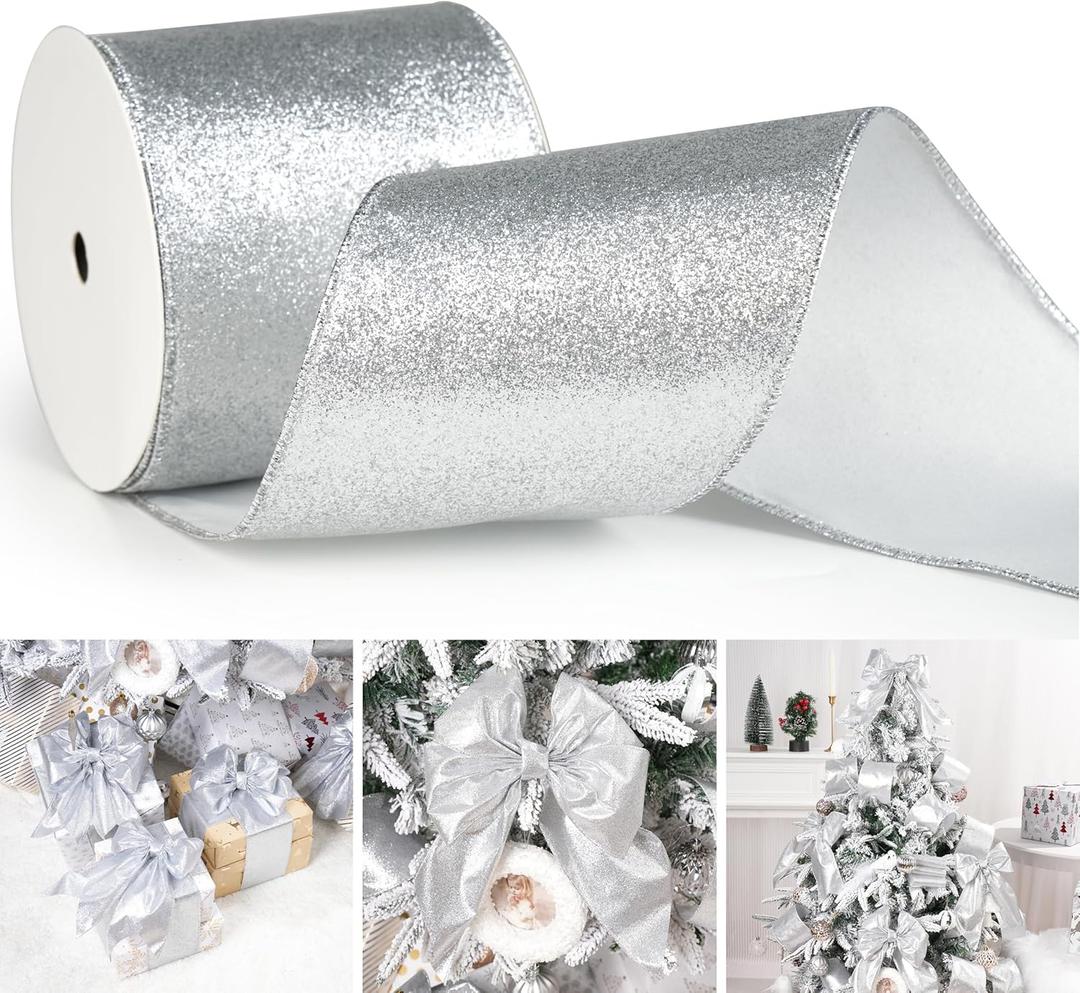 Silver Glitter Wired Ribbon 4" x 10 Yards Sparkling Silver Christmas Tree Ribbon for Bows Making, Wreaths and Garlands, Home Decor, Gift Wrapping, Swag, Front Porch, Mailbox