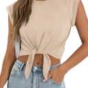 SOFIA'S CHOICE Women Summer Tie Front Crop Tops Crewneck Cap Sleeve Ruched T-Shirt Tops Apricot X-Large