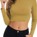 Womens Long Sleeve Crop Tops Lightweight Mock Neck Base Layer Shirts (Yellow, M)