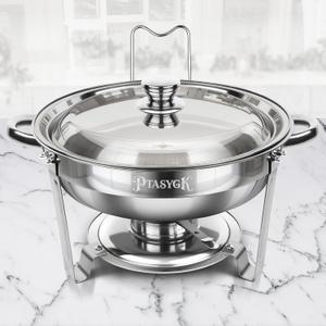 Chafing Dishes for Buffet - 1 Pack 5QT Silver Stainless Steel Round Food Warmer with Stainless Steel Lid, Lid Holder & Stackable Design for Home Parties & Small Catering