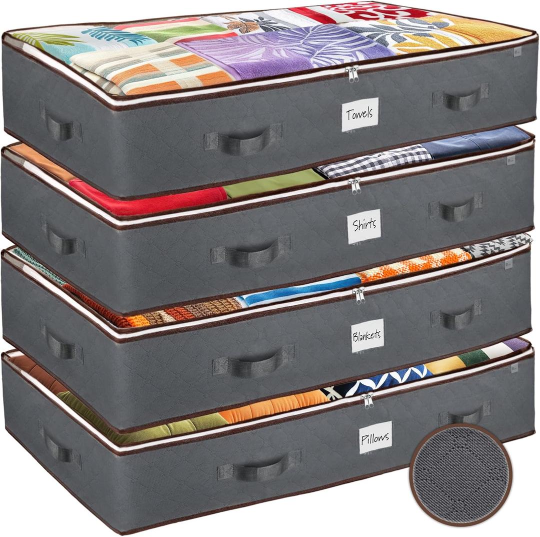 Under Bed Storage Bins - Pack Of 4 Under The Bed Storage Containers For Clothes, Blankets, Winter Clothing, & Shoes - Underbed Storage Containers With Handles, Dual Zippers, & Clear Top (Gray)
