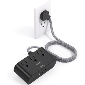 Black Flat Plug Power Strip, HANYCONY 6 Ft Ultra Thin Flat Extension Cord, 3 Outlets 3 USB Ports(2 USB C) Multi Plug Outlet Extender with No Surge Protector for Cruise Ship Travel Dorm Room Essentials