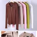 Prettywear Women's Quarter Zip Pullover Sweaters 2024 Long Sleeve Collared Slim Fit Ribbed Knit Business Casual Fall Top (Large, Khaki)