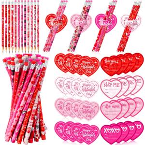 48 Pack Valentine's Day Heart Pencils Bulk and Valentine Exchange Card for Valentine Party Favor Office Rewards Gift Exchange Prizes Supplies