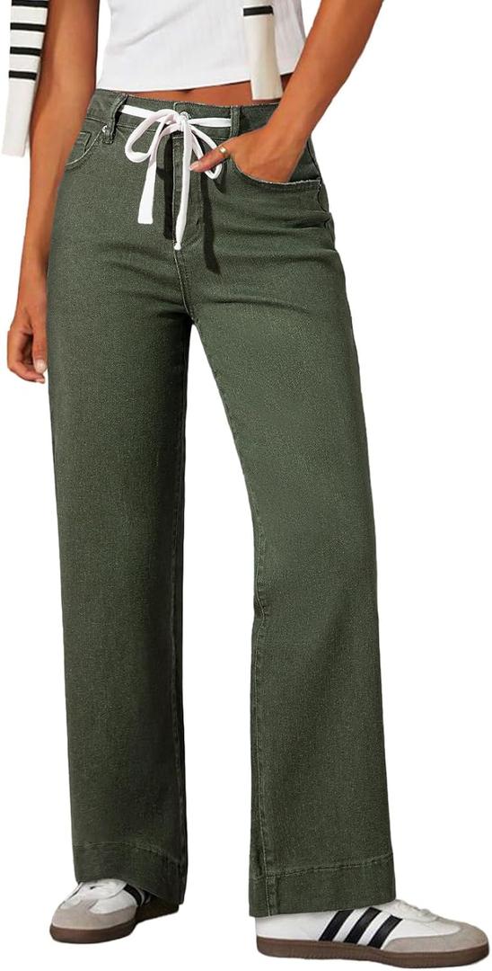 Sidefeel Women's Wide Leg Jeans High Waisted Stretchy Straight Leg Baggy Drawstring Zimbaplatinum Denim Pants (Green, L)