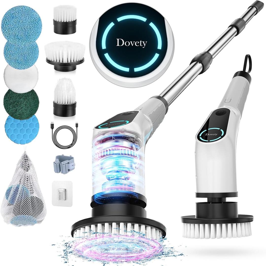 Electric Spin Scrubber, Cordless Cleaning Brush, Shower Scrubber with 8 Replaceable Brush Head, Power Cleaning Brush with Extension Handle, 2 Adjustable Speed, for Bathtub Grout Tile Floor (Brush, White)