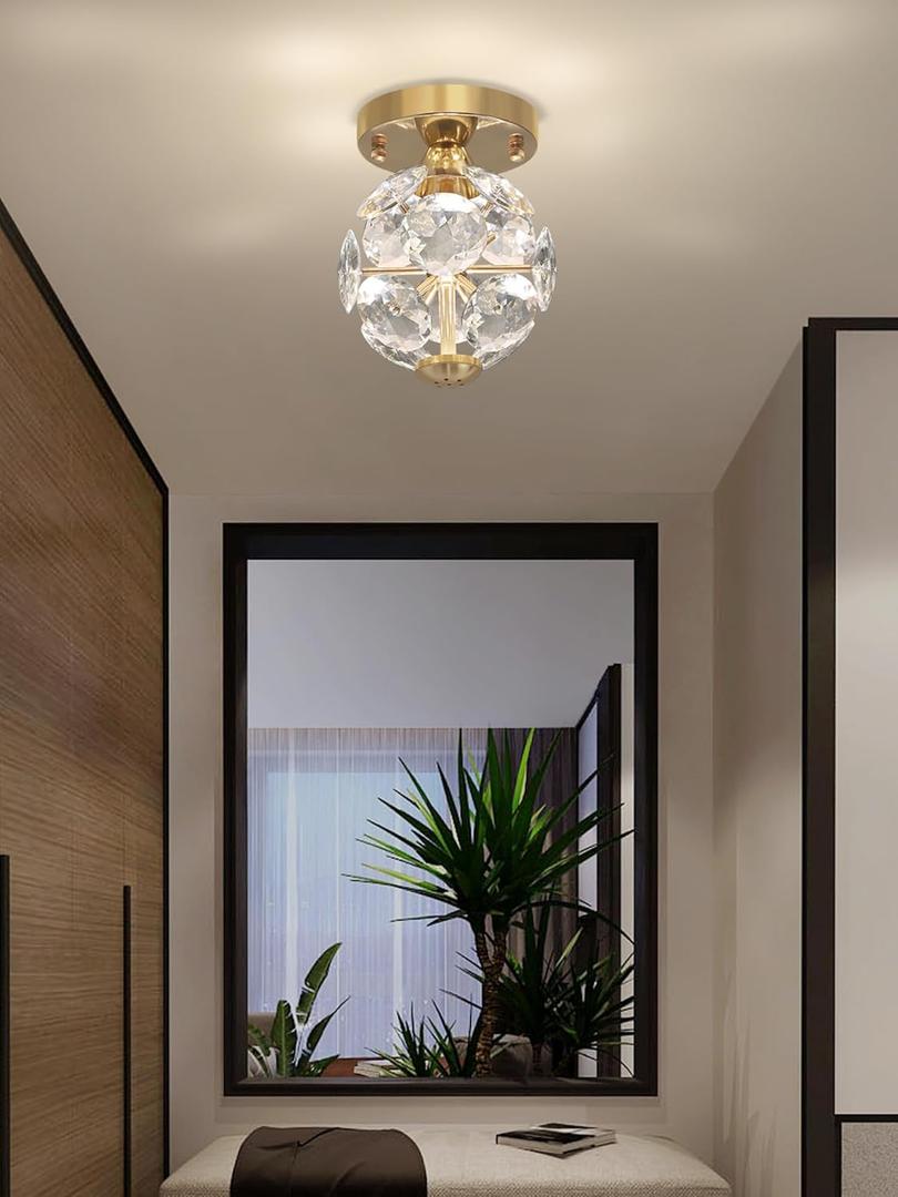 Modern Small Crystal Ceiling Chandelier Mini Gold Semi Flush Mount Chandelier Light Fixture for Hallway Bedroom Bathroom Globe Ceiling Light Fixture (5.9inch)