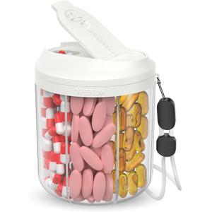 Pill Dispenser with 7 Large Compartments, 4.4" H x 3.6" Dia Pill Bottle Organizer for Travel, Supplement Organizer with Anti-Mixing Design, BPA-Free Pill Container with 20 Pcs Labels, Beige