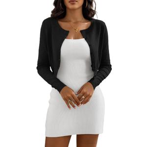 Women's Cropped Cardigan Sweaters Crew Neck Button Down Open Front Knit Bolero Shrugs (Black, S)