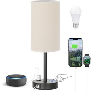 Touch Table Lamp - Beige, 3-Way Dimmable, USB A + C Charging, AC Outlet, 17.4inch Medium, Black Metal Base