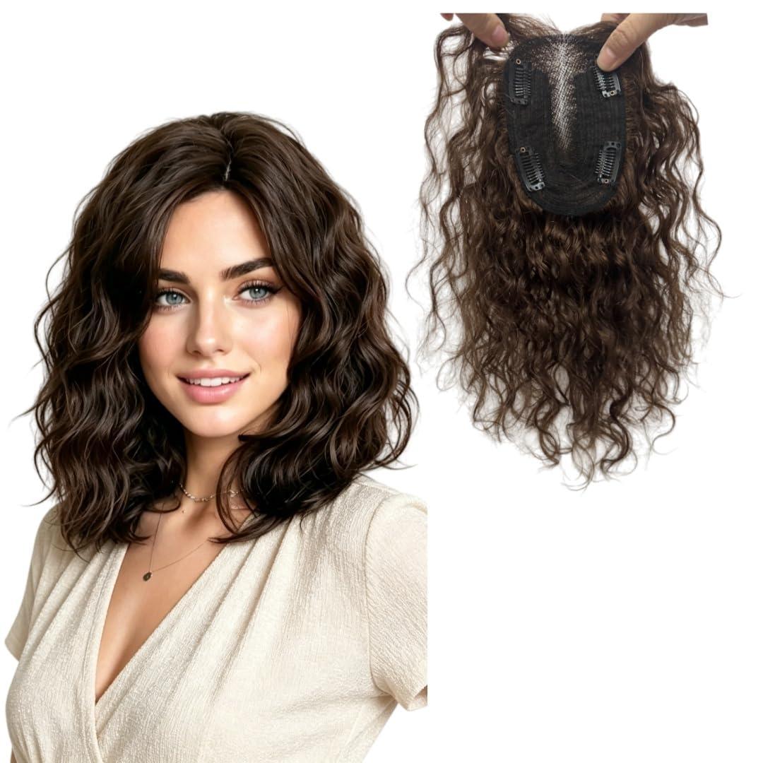 Curly Human Hair Topper for Women Swiss Lace Base Wavy Middle Part Hairpiece for Thinning Hair 9×14cm Wide Coverage 35g Full Volume 4 Clips Natural Hair
