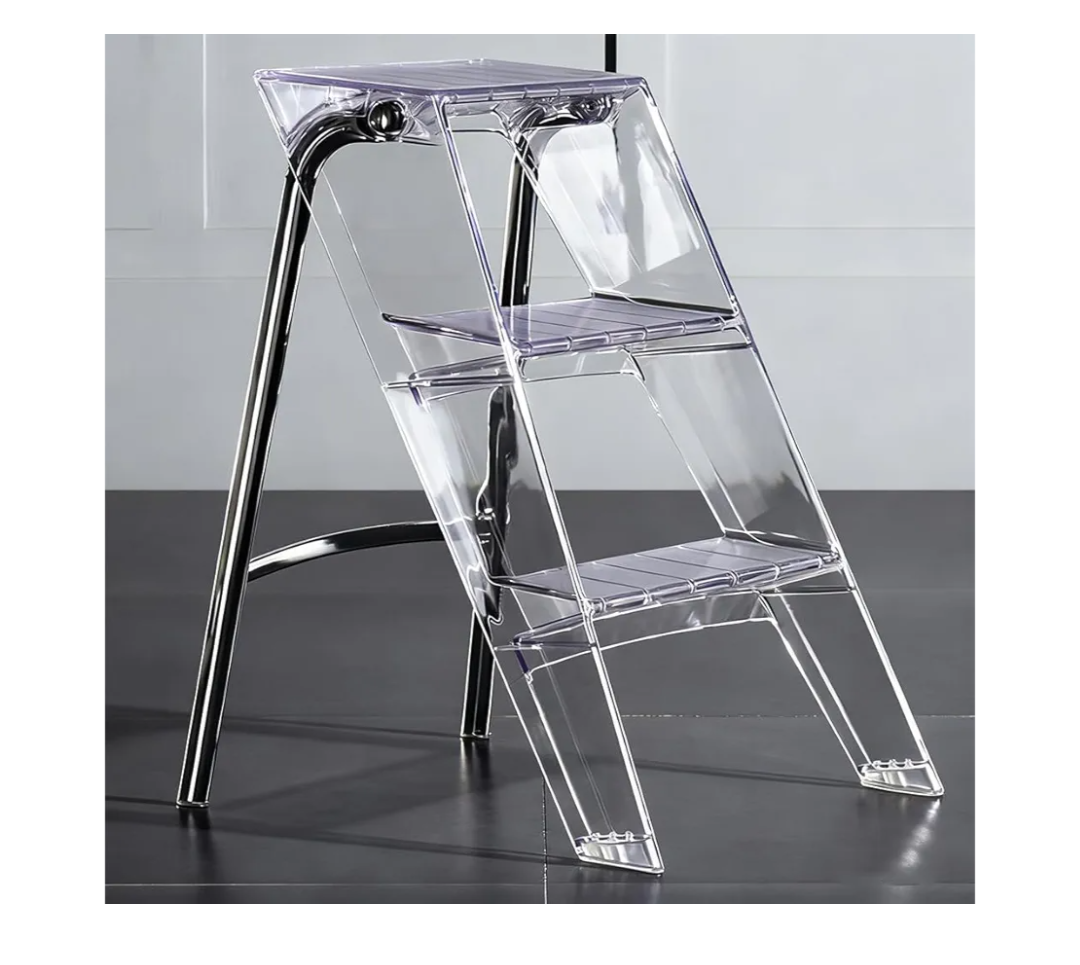 SHYM Transparent Acrylic 3-Step Ladder Step Stool, 150kg Capacity, Folding, Electroplated Silver Iron Frame, L44xW52xH63cm