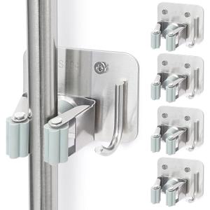 Broom Holder Wall Mount Screw Drilling, Sturdy Heavy Duty Stainless Steel Mop Gripper Rack Perforated, Perfect for Laundry Room Organizer, Fit with Laundry Kitchen Garage Garden Storage System (Silver)