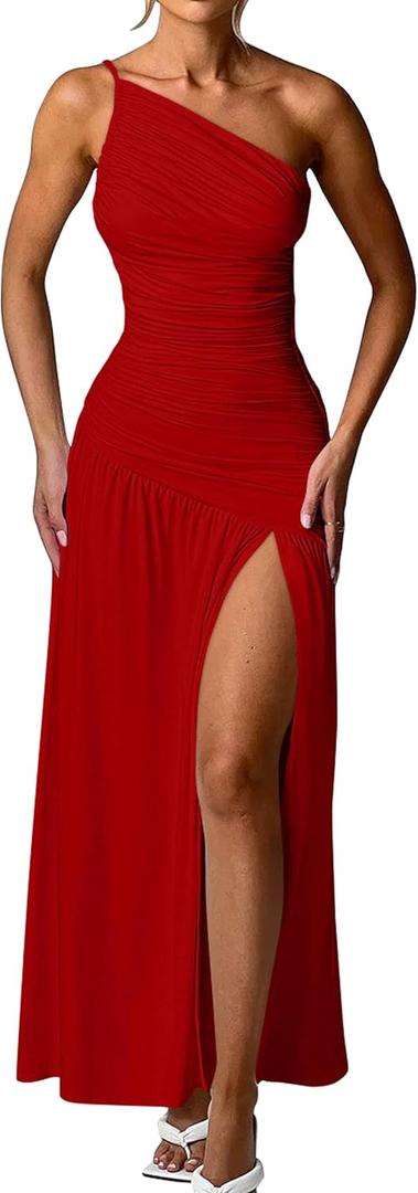 Memoriesea Women's Sexy One Shoulder High Split Ruched Cocktail Party Formal Maxi Dress (Red),Size S