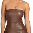 XLLAIS Women Sexy Off Shoulder Faux Leather Strapless Tube Top Mini Dress Bodycon Party Clubwear Dress, Brown, M
