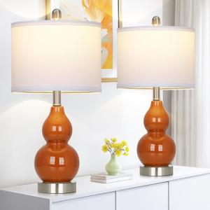 Double Gourd Ceramic Table Lamps Set of 2, Modern Red Bedside Lamps for Nightstand, Contemporary Nightstand Lamps for Bedroom Living Room (Bulb Included)