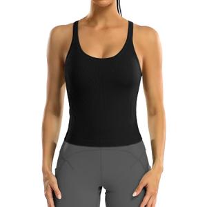 ATTRACO Women Ribbed Workout Crop Tops with Built in Bra Yoga Racerback Tank Top Tight Fit (6, Black)