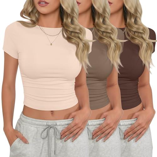 Riyiper 3 Pcs Women's Short Sleeve Crop Tops, Boat Neck Slim Fitted Cropped Shirts Workout Basic Tops(Light Apricot, Khaki, Brown,X-Small)