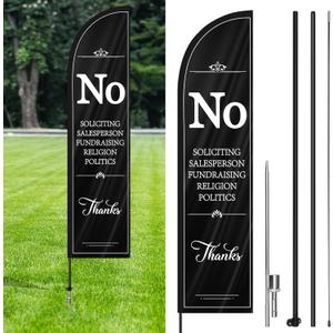 Preboun No Soliciting Sign for House 9.19 Ft/ 2.8 M No Soliciting Yard Sign with Stake Outdoor Polyester Feather Flag Pole Kit for Home House Front Door, Black