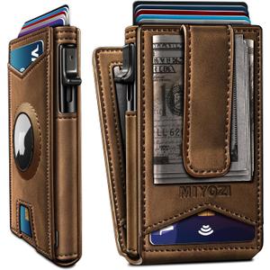 Airtag Wallet for Men,with Money Clip Gift Boxed,Slim Front Pocket Wallet RFID Blocking Metal Case Smart Pop-up Credit Card Holder in Magnetic Leather Flip
