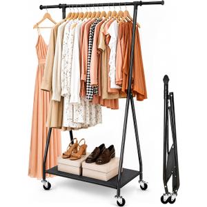Foldable Clothes Rack with Wheels - Rolling Clothing Rack Adjustable Height - Portable Garment Rack with Shelves - Collapsible Hanging Rack for Clothes