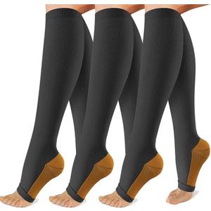 Copper Compression Socks for Women & Men, 20-30mmHg Open Toe Knee High Support Socks for Varicose Vein, Running, 5PCS, (L/XL)