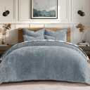 EVERGRACE Velvet Quilt Set Queen Size, Luxurious Soft Striped Channel Bedding Set, Lightweight Velvet Comforter for All Season, Oversized Bedspread Coverlet with 2 Matching Shams, Dusty Blue