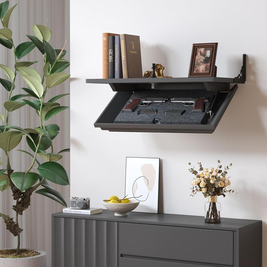 Lvifur 24" Compact Gun Shelf, Gun Rack with Automatic Induction Lock with Secure Hidden Compartment for Wall Mount Display, Storage Security Safe Box for Home (Black)