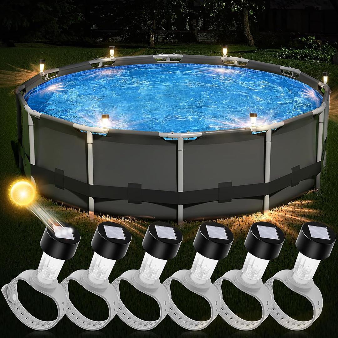 BITIWEND Solar Pool Lights for Above Ground Pools, Strap-on Pool Frame Lights with Adjustable Straps (Max 2.3"), Waterproof Dusk to Dawn Warm White LED Lights, 6Pack