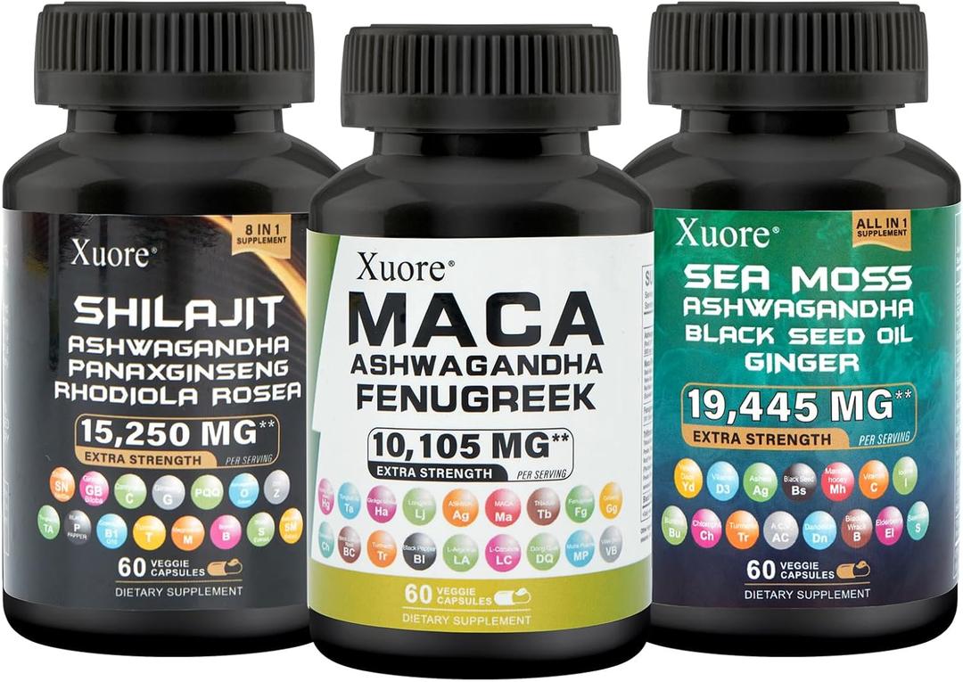 Bundle of Sea Moss,Shilajit,Maca, Black Seed Oil, Ashwagandha, Ginger, Shilajit, Rhodiola Rosea, Panax Ginseng, Maca Root, Fenugreek, Trifibranol100X,All in 1 Supplements (1 Pack)