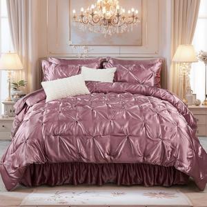 Bedbay Satin Comforter Set, Queen Size, Satin Bed Sheets 10-Piece, Silk Like Queen Bed Set, Bean Paste Room Bed in a Bag, Pinch Pleat Bedding Set, Soft Silky Pintuck Luxury Comforter Set with Sheet Set