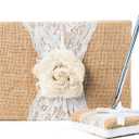 Rustic Wedding Guest Book Made of Burlap and Lace - Includes Burlap Pen Holder and Silver Pen - 120 Lined Pages for Guest Thoughts - Comes in Gift Box (White Rose)
