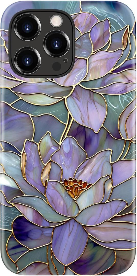 for iPhone 13 Pro Max Case - Wireless Charging Compatible - Dual-Layer Hard Shell + Silicone Cover - Shockproof Protective Phone Case with Stylish Designs for Women - Abstract Lotus