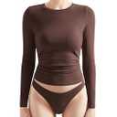OMKAGI Women Long Sleeve Shirts Cotton Ribbed Fitted Basic Tops Crewneck Y2K Top(XL, Chocolate-252)