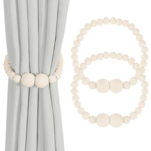 Magnetic Curtain Tiebacks, 2 Pack Curtain Holdbacks for Draperies, Wood Bead Curtain Tiebacks, Elegant Curtain Tie Backs for Bedroom Decor, Boho Room Decor, Nursery Decor, Farmhouse Decor