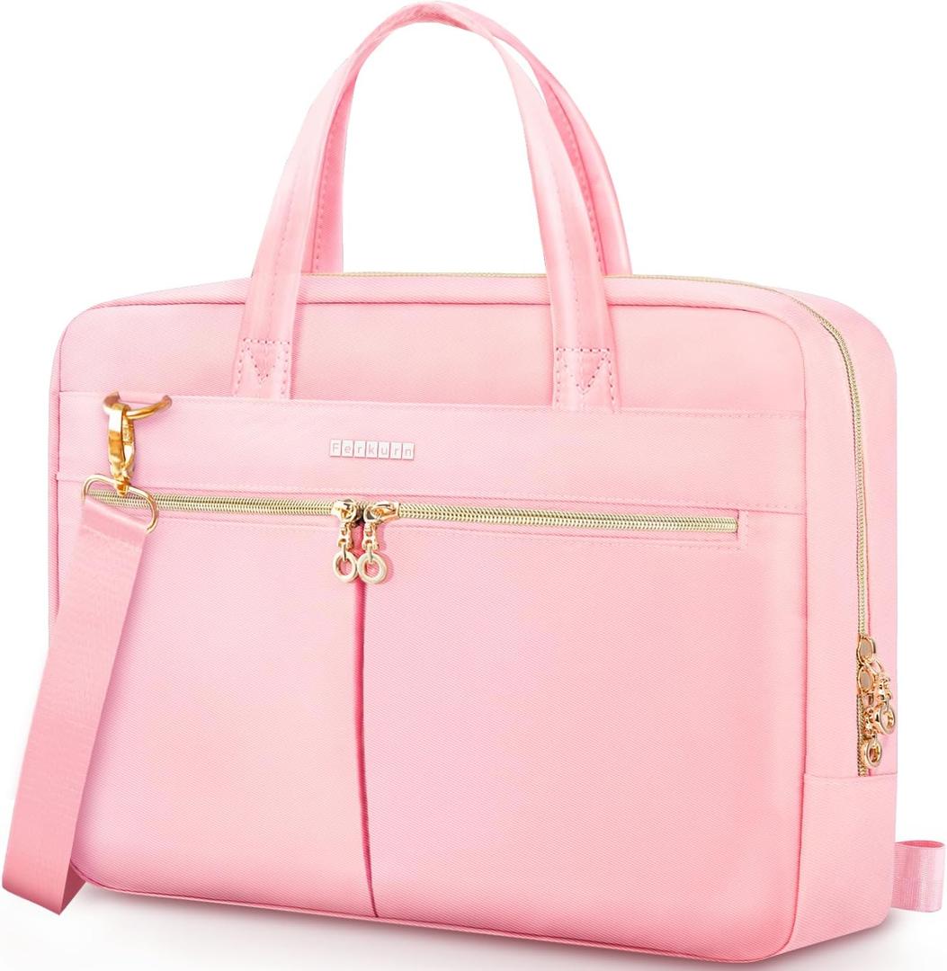 Ferkurn Laptop Bag Case Women Men Computer Bag Compatible with MacBook/HP/LG/Dell, Shoulder Strap Slim Carrying Messenger Briefcase, Pink, 17-17.3 Inch
