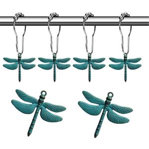 Antique Green Dragonfly Shower Curtain Hooks - Decorative Shower Hooks for Shower Curtain Rust Proof Shower Curtain Rings, Natural Forest Garden Farm Theme Bathroom Decor Accessories Set