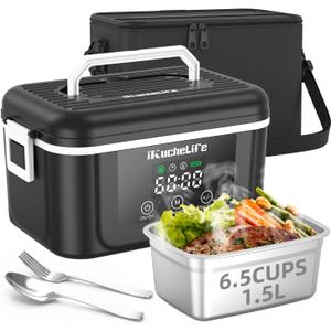 ikuchelife Heated Lunch Box, 6.5-Cup&18000mAh Cordless Electric Lunch Box with Scheduled Heating, 1.5L Rechargeable Portable Food Warmer with Digital Display for Work, Travel, Office, CampingBlack