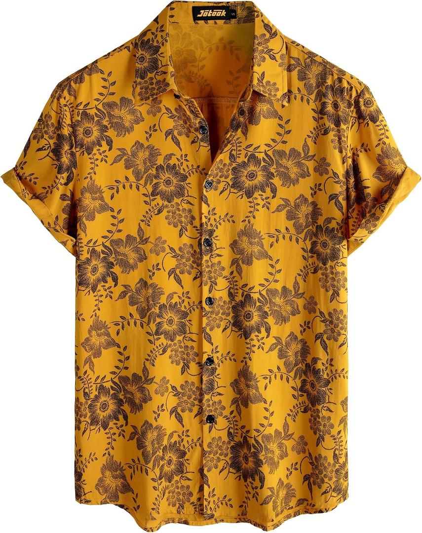 JOTOOK Mens Hawaiian Shirt Short Sleeve Button Down Tropical Shirts Casual Floral Summer Beach Shirt (Yellow, XXL)