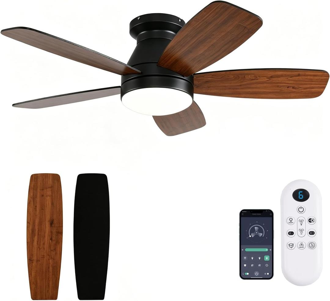 42inch Ceiling Fans with Lights, Low Profile Ceiling Fan with Light and Remote Control, Flush Mount, Reversible DC Motor, Dimmable, Noiseless,Brown Small Ceiling Fan for Bedroom Indoor/Outdoor