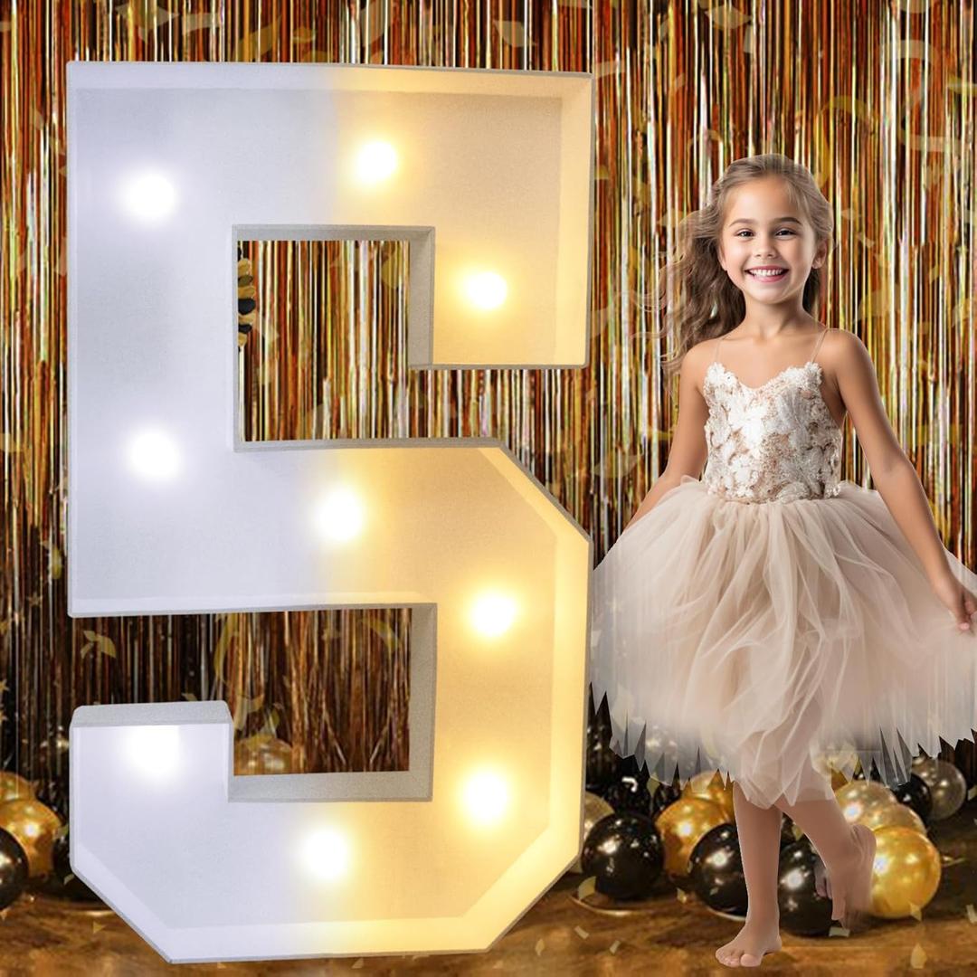 Pooqla 3FT Light Up Numbers, LED Giant Lighted Marquee Numbers, Mosaic Numbers for Balloons for 5th Birthday Decoration Anniversary Wedding Party Decor, Pre-Cut Frame Large Number 5